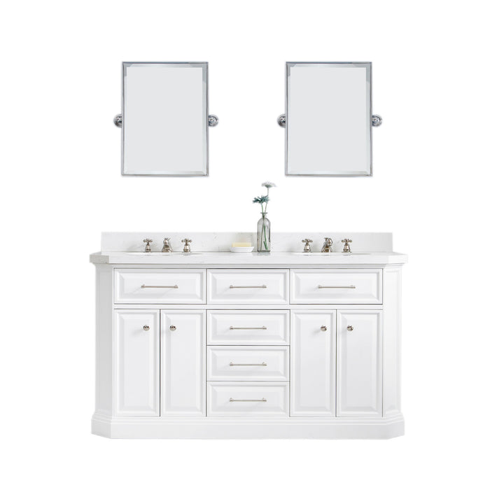 60 Inch Double Sink Kindred Carrara Quartz Bathroom Vanity – Classic Faucets with Polished Nickel PVD Hardware & Rectangular Mirrors