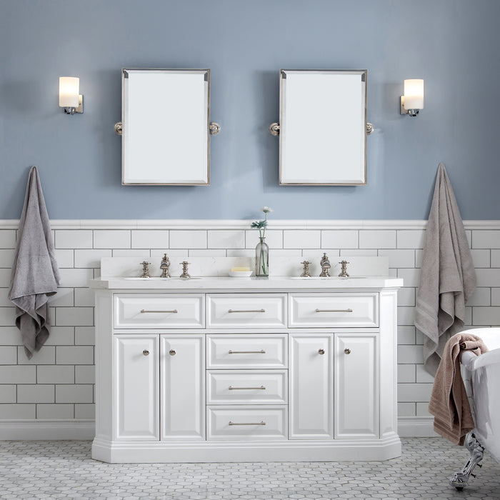60-Inch Dual Sink Quartz Conjure Vanity in Pure White Cabinet – Waterfall Faucet Design with Nickel Fixtures & Mirror Set