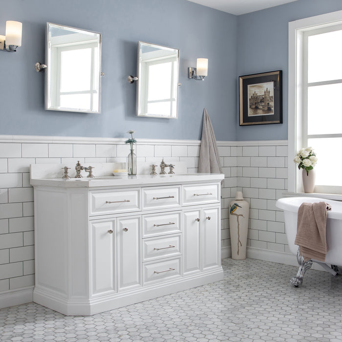 60-Inch Dual Sink Quartz Conjure Vanity in Pure White Cabinet – Waterfall Faucet Design with Nickel Fixtures & Mirror Set