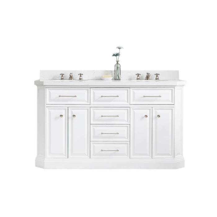 60-Inch Zinque Carrara Quartz Bathroom Vanity – Polished Nickel Hardware & Dual Sink