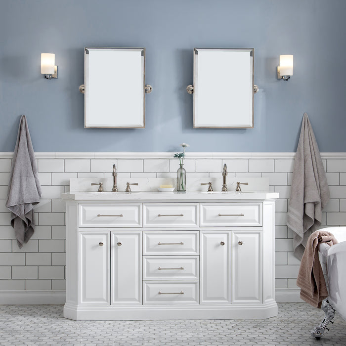 60-Inch Double Sink Journey Vanity – Pure White Cabinet with Quartz Countertop, Hook-Style Faucet & Polished Nickel Hardware