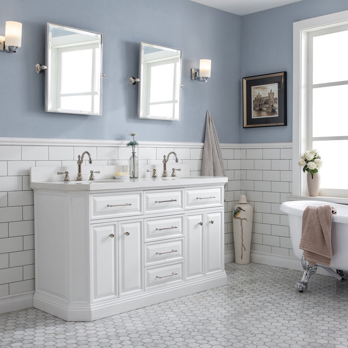 60-Inch Double Sink Journey Vanity – Pure White Cabinet with Quartz Countertop, Hook-Style Faucet & Polished Nickel Hardware
