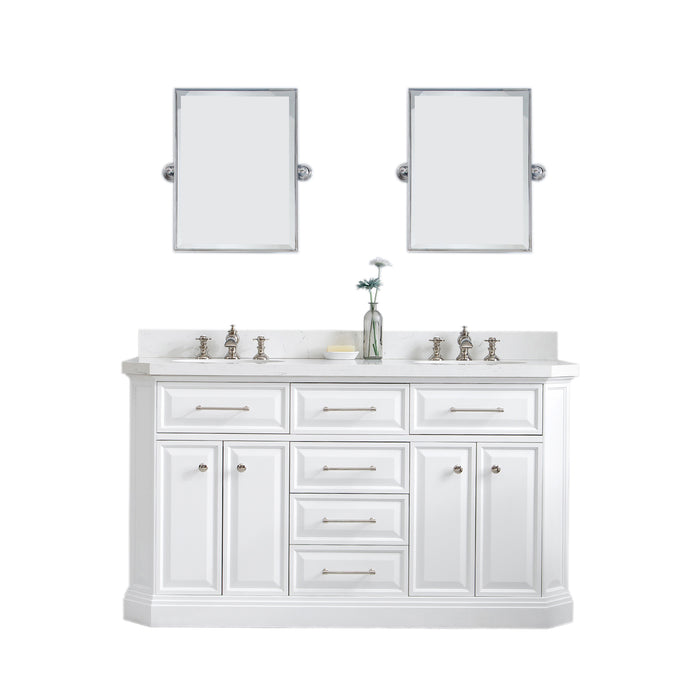 60-Inch Dual Sink Quartz Conjure Vanity in Pure White Cabinet – Waterfall Faucet Design with Nickel Fixtures & Mirror Set
