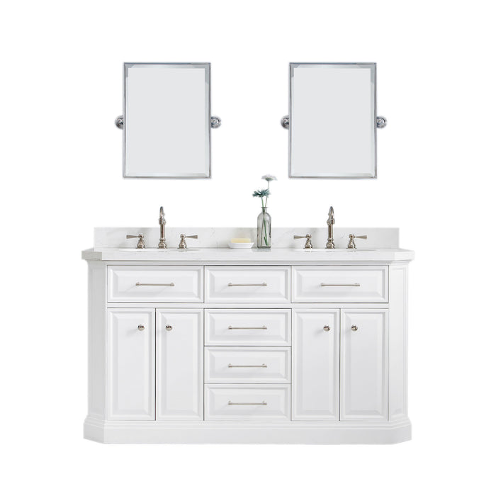 60-Inch Bodie Pure White Double Sink Vanity – Quartz Countertop, Polished Nickel Fixtures & Hook-Style Faucets with Pivot Mirrors