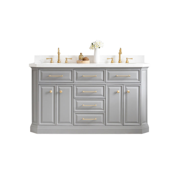 60 Inch Caledonia Carrara Quartz Double Sink Vanity –  Cashmere Grey Finish, Hook Faucets & Gold Hardware