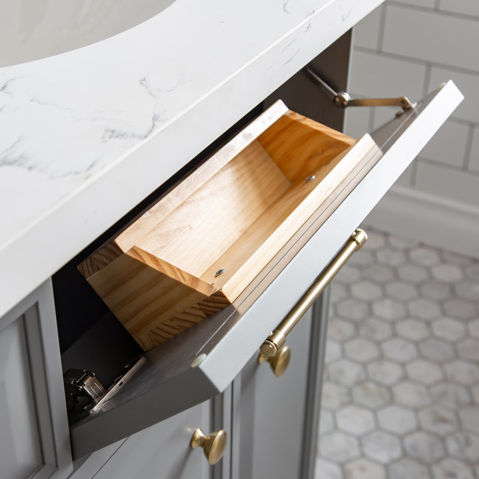 60" Indulge Carrara Quartz Bathroom Vanity – Cashmere Grey Finish with Waterfall Faucets & Gold Hardware with Mirror Set