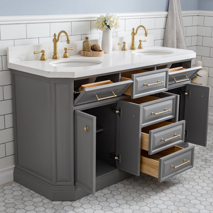 60-Inch Winona Quartz Double Sink Vanity – Cashmere Grey Finish with Satin Gold Hardware & Rectangular Mirrors