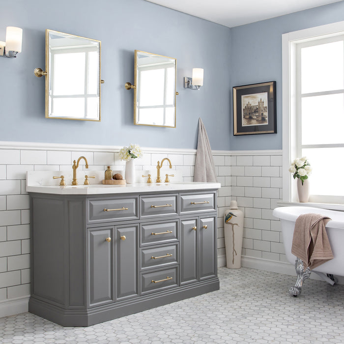 60 Inch Sutter Quartz Top Double Sink Vanity – Hook Faucets with Satin Gold Hardware & Rectangular Mirrors