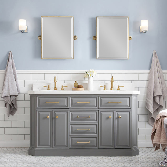 60-Inch Winona Quartz Double Sink Vanity – Cashmere Grey Finish with Satin Gold Hardware & Rectangular Mirrors