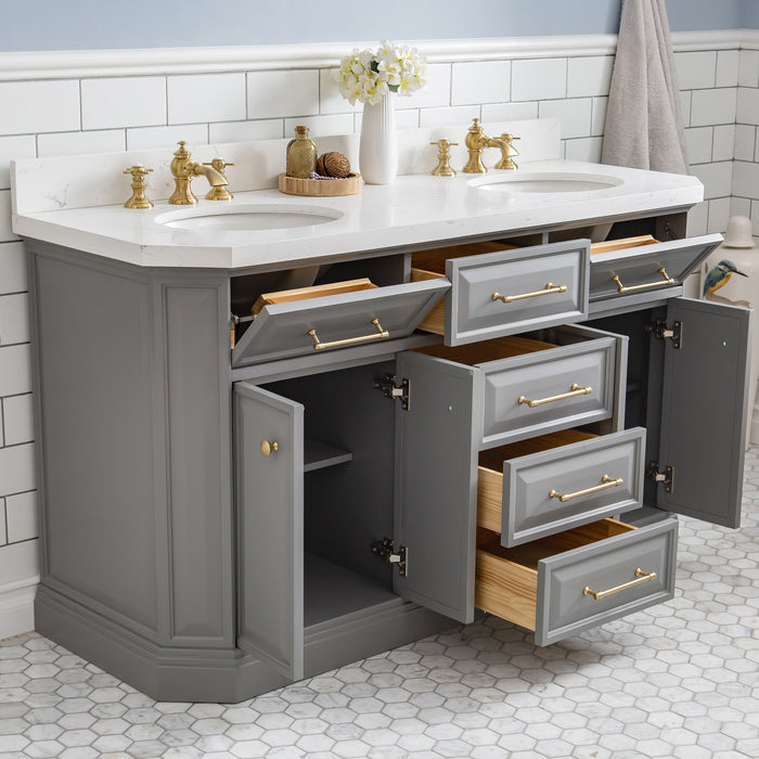 60 Inch Malina Cashmere Grey Vanity – Carrara Quartz Top with Gold Hardware & Waterfall-Style Faucets