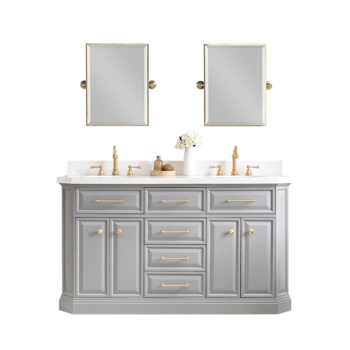 60 Inch Sutter Quartz Top Double Sink Vanity – Hook Faucets with Satin Gold Hardware & Rectangular Mirrors