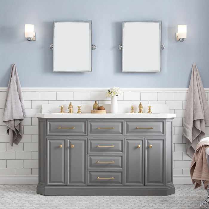 60 Inch Scoop Dual Sinks Bathroom Vanity – Quartz Countertop & Satin Gold Accents
