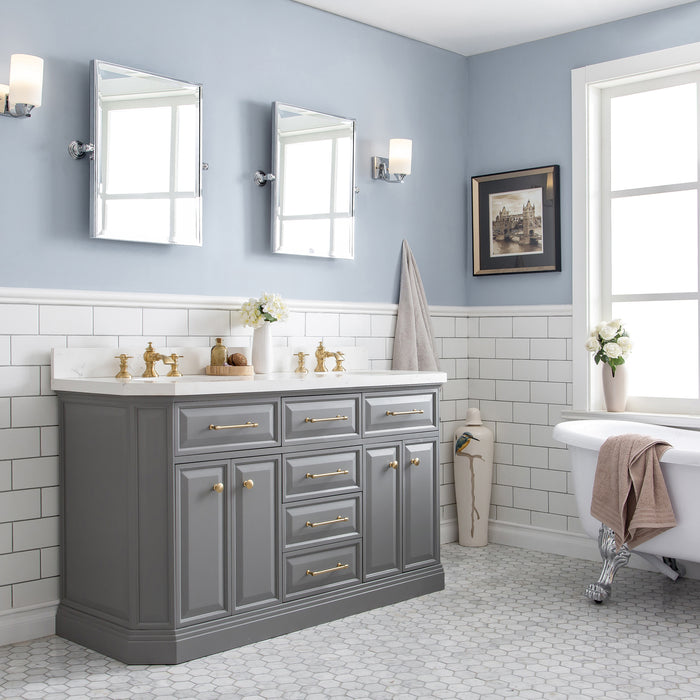 60 Inch Malina Cashmere Grey Vanity – Carrara Quartz Top with Gold Hardware & Waterfall-Style Faucets