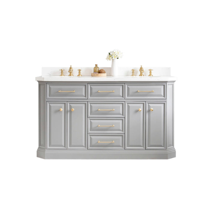 60 Inch Malina Cashmere Grey Vanity – Carrara Quartz Top with Gold Hardware & Waterfall-Style Faucets