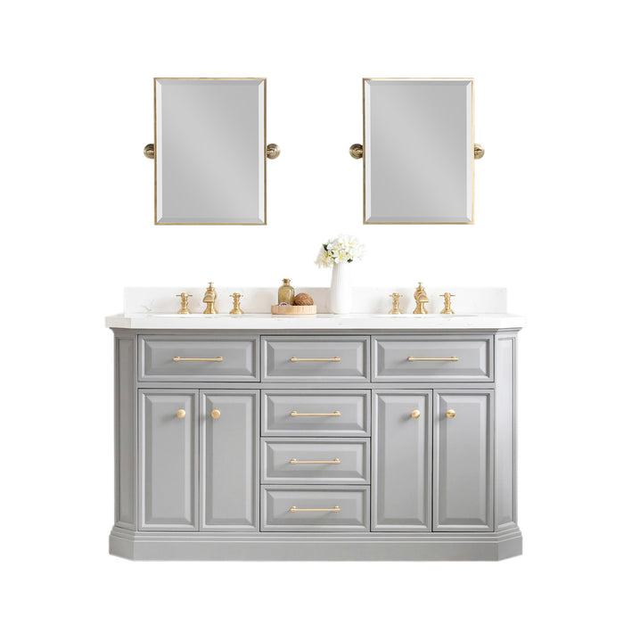 60" Indulge Carrara Quartz Bathroom Vanity – Cashmere Grey Finish with Waterfall Faucets & Gold Hardware with Mirror Set