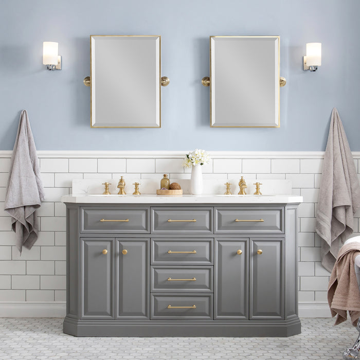 60" Indulge Carrara Quartz Bathroom Vanity – Cashmere Grey Finish with Waterfall Faucets & Gold Hardware with Mirror Set