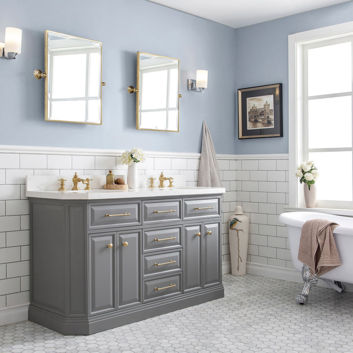 60" Indulge Carrara Quartz Bathroom Vanity – Cashmere Grey Finish with Waterfall Faucets & Gold Hardware with Mirror Set