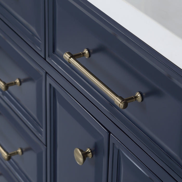 60 Inch Quartz Double Sink Jovi Bathroom Vanity – Satin Gold Fixtures with Monarch Blue Cabinet & Pivot Mirrors
