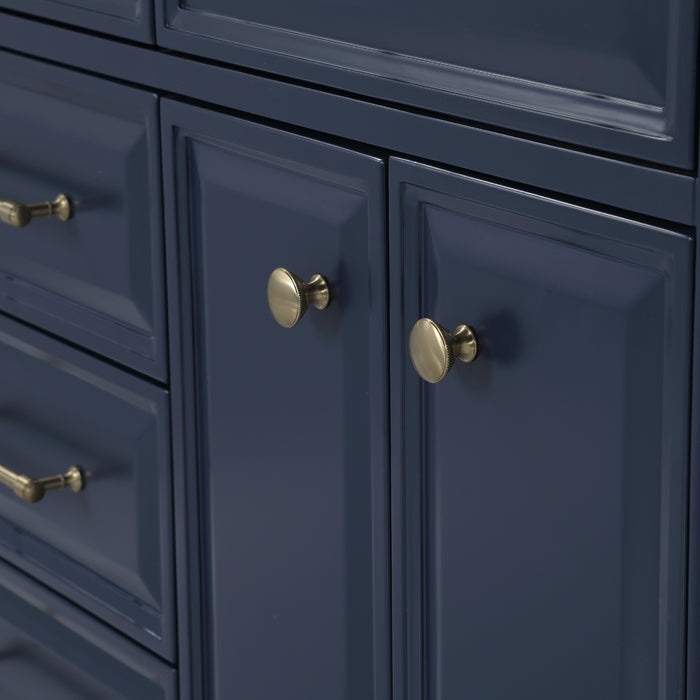 60-Inch Nico Carrara Quartz Double Sink Vanity – Monarch Blue with Hook Faucets & Satin Gold Hardware