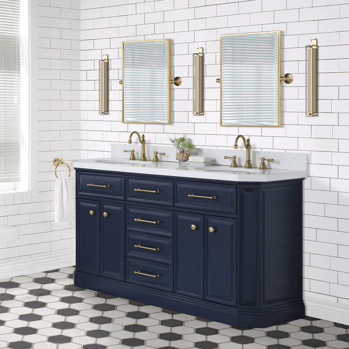 60 Inch Commix Bathroom Vanity in Monarch Blue – Carrara Quartz Top with Hook Faucets & Satin Gold Hardware and Mirror Set