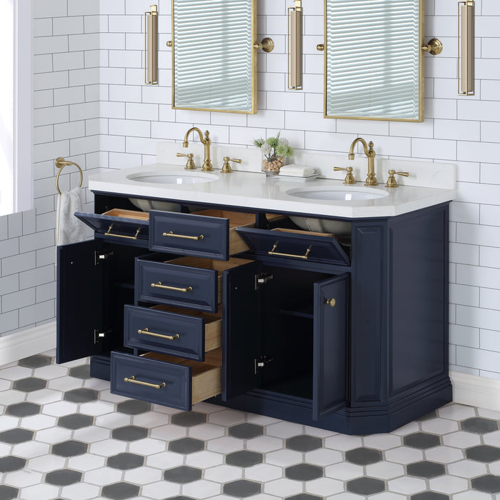 60 Inch Commix Bathroom Vanity in Monarch Blue – Carrara Quartz Top with Hook Faucets & Satin Gold Hardware and Mirror Set
