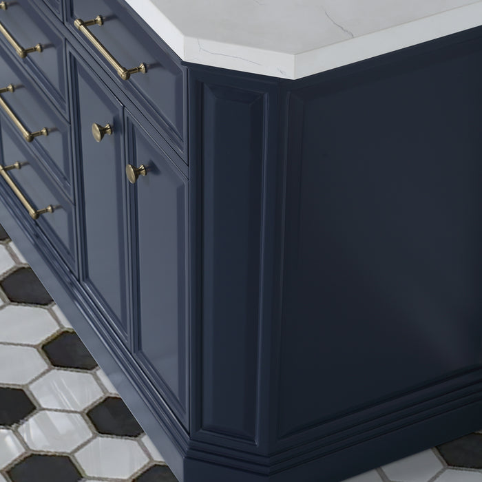60 Inch Commix Bathroom Vanity in Monarch Blue – Carrara Quartz Top with Hook Faucets & Satin Gold Hardware and Mirror Set