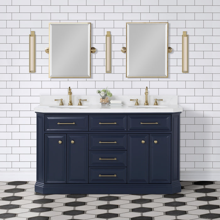 60 Inch Quartz Double Sink Jovi Bathroom Vanity – Satin Gold Fixtures with Monarch Blue Cabinet & Pivot Mirrors