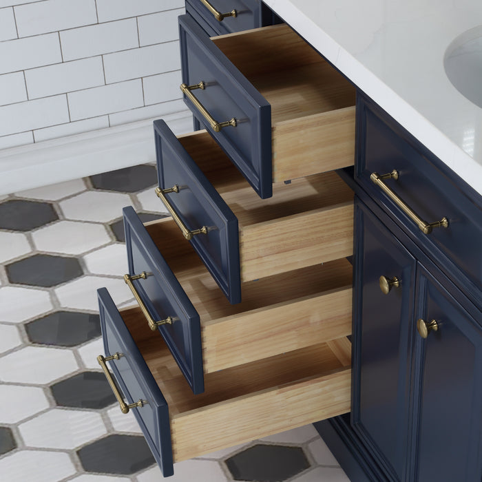 60 Inch Commix Bathroom Vanity in Monarch Blue – Carrara Quartz Top with Hook Faucets & Satin Gold Hardware and Mirror Set