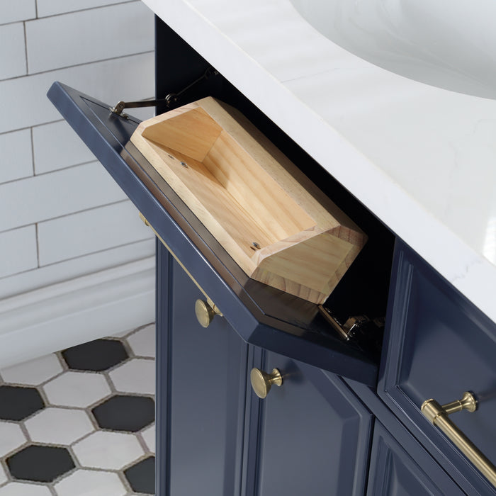 60-Inch Nico Carrara Quartz Double Sink Vanity – Monarch Blue with Hook Faucets & Satin Gold Hardware