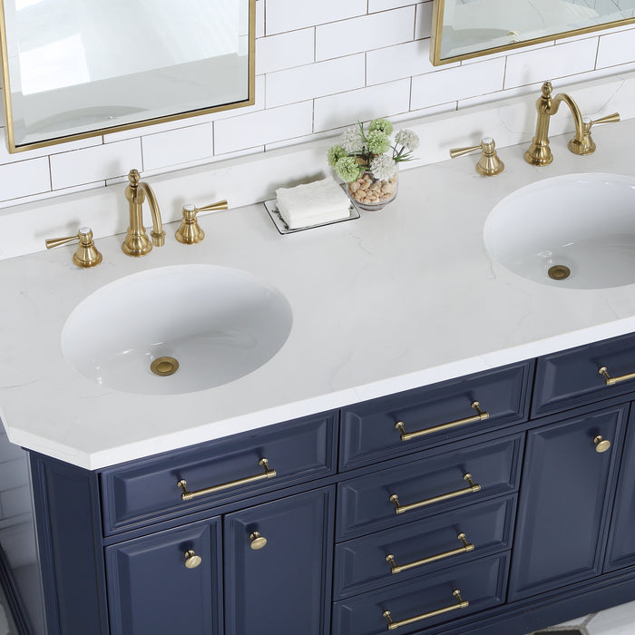60-Inch Nico Carrara Quartz Double Sink Vanity – Monarch Blue with Hook Faucets & Satin Gold Hardware