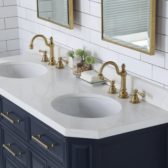 60 Inch Commix Bathroom Vanity in Monarch Blue – Carrara Quartz Top with Hook Faucets & Satin Gold Hardware and Mirror Set