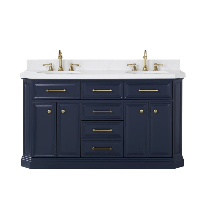 60-Inch Nico Carrara Quartz Double Sink Vanity – Monarch Blue with Hook Faucets & Satin Gold Hardware
