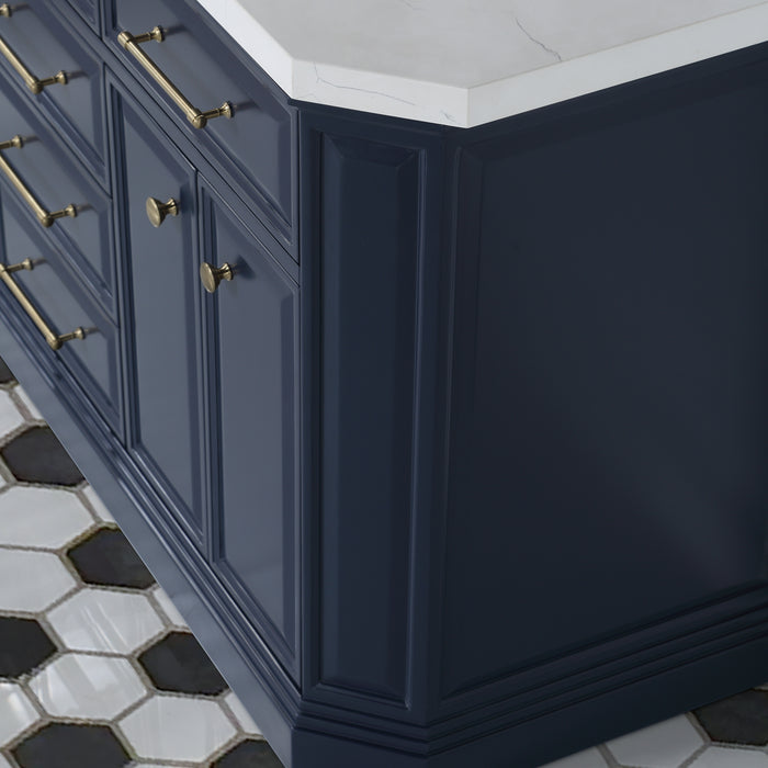 60-Inch Saunter Dual Sinks Bathroom Vanity – Carrara Quartz Countertop with Satin Gold Fixtures, Pivot Mirrors & Waterfall Faucets