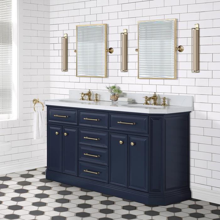 60-Inch Saunter Dual Sinks Bathroom Vanity – Carrara Quartz Countertop with Satin Gold Fixtures, Pivot Mirrors & Waterfall Faucets