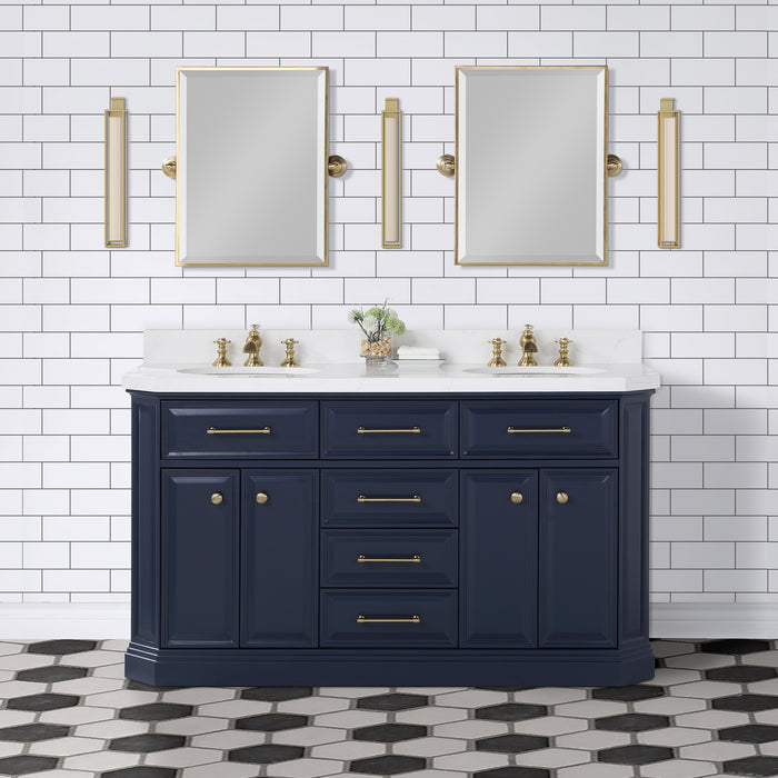 60-Inch Monarch Blue Virtue Vanity with Quartz Top – Dual Sink with Waterfall-Style Faucets & Gold Hardware