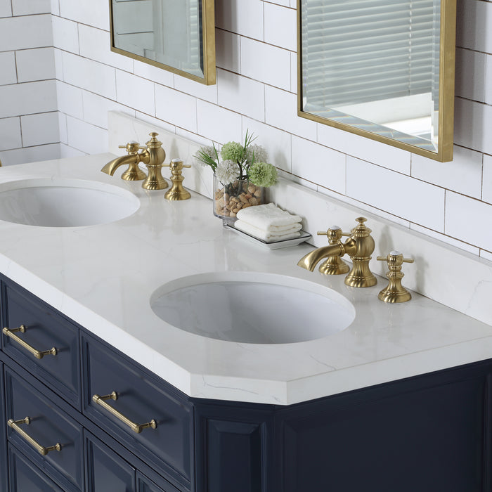60-Inch Saunter Dual Sinks Bathroom Vanity – Carrara Quartz Countertop with Satin Gold Fixtures, Pivot Mirrors & Waterfall Faucets