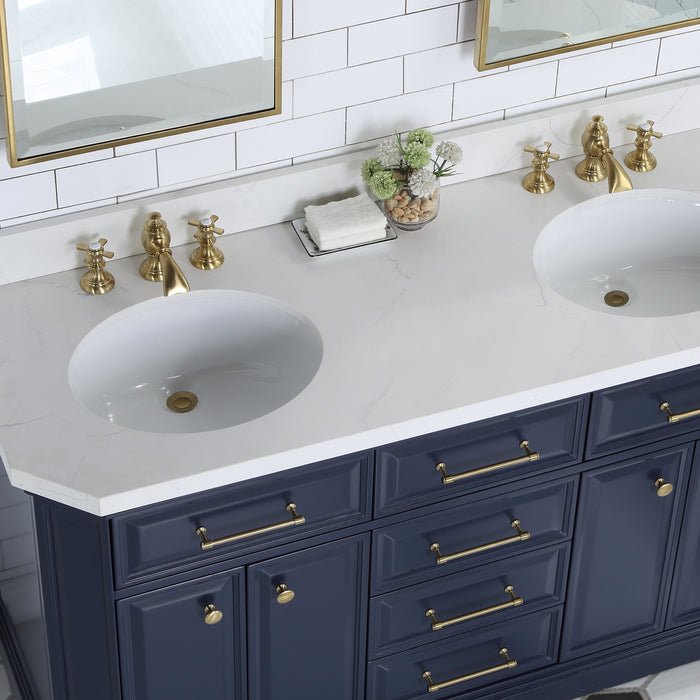 60-Inch Monarch Blue Virtue Vanity with Quartz Top – Dual Sink with Waterfall-Style Faucets & Gold Hardware