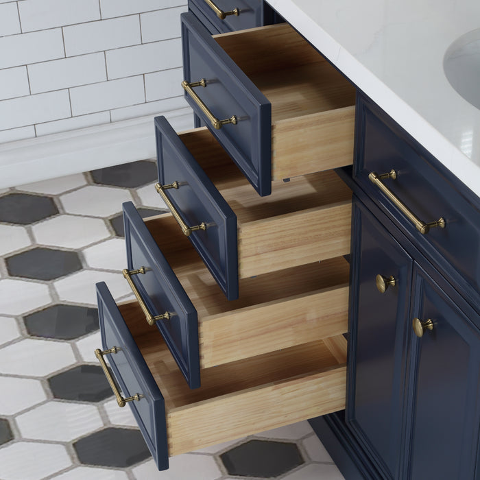 60-Inch Saunter Dual Sinks Bathroom Vanity – Carrara Quartz Countertop with Satin Gold Fixtures, Pivot Mirrors & Waterfall Faucets