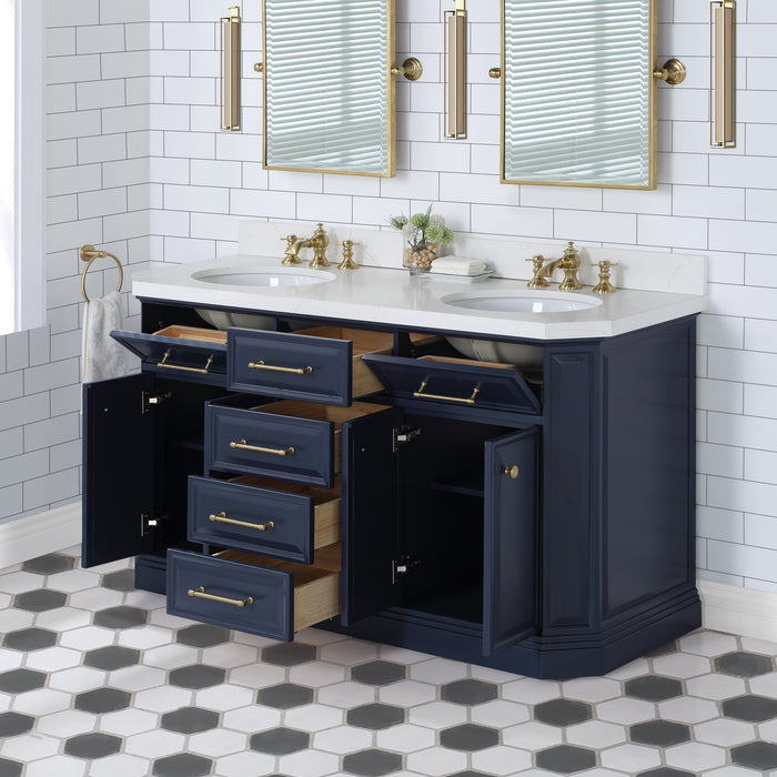 60-Inch Monarch Blue Virtue Vanity with Quartz Top – Dual Sink with Waterfall-Style Faucets & Gold Hardware