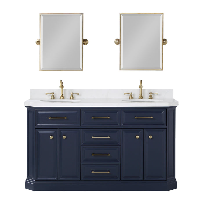 60 Inch Commix Bathroom Vanity in Monarch Blue – Carrara Quartz Top with Hook Faucets & Satin Gold Hardware and Mirror Set