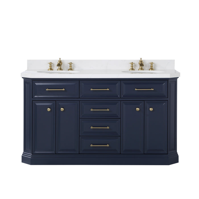 60-Inch Monarch Blue Virtue Vanity with Quartz Top – Dual Sink with Waterfall-Style Faucets & Gold Hardware