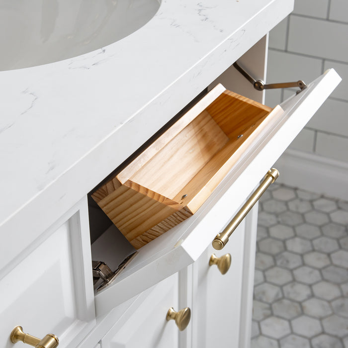 60-Inch Quartz Top Impart Double Sink Vanity – White Finish with Gold Hardware & Rectangular Pivot Mirrors