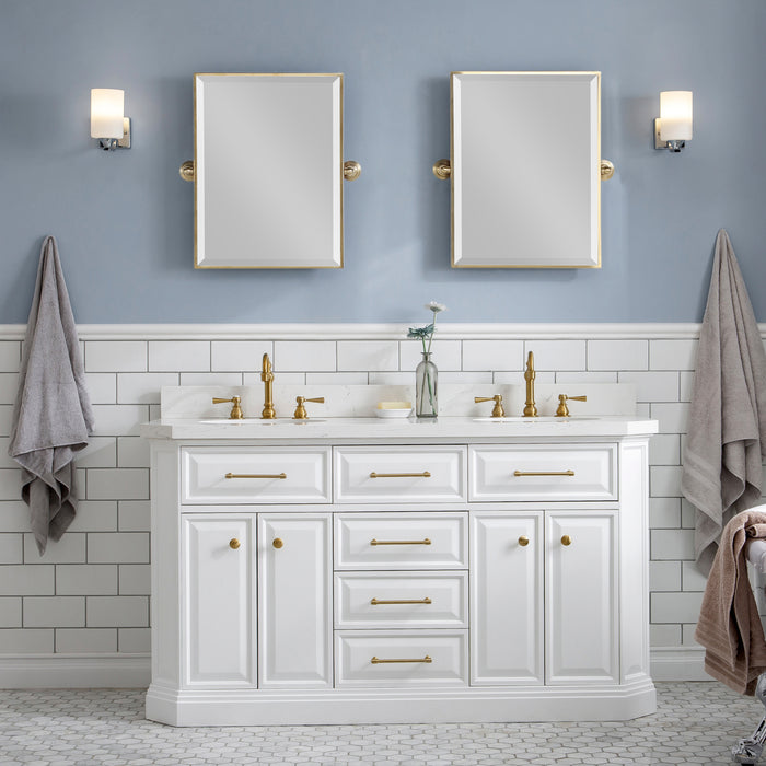 60-Inch Quartz Top Brisbane Vanity – Dual Sink Cabinet in White with Hook Faucets, Gold Hardware & Matching Pivot Mirrors