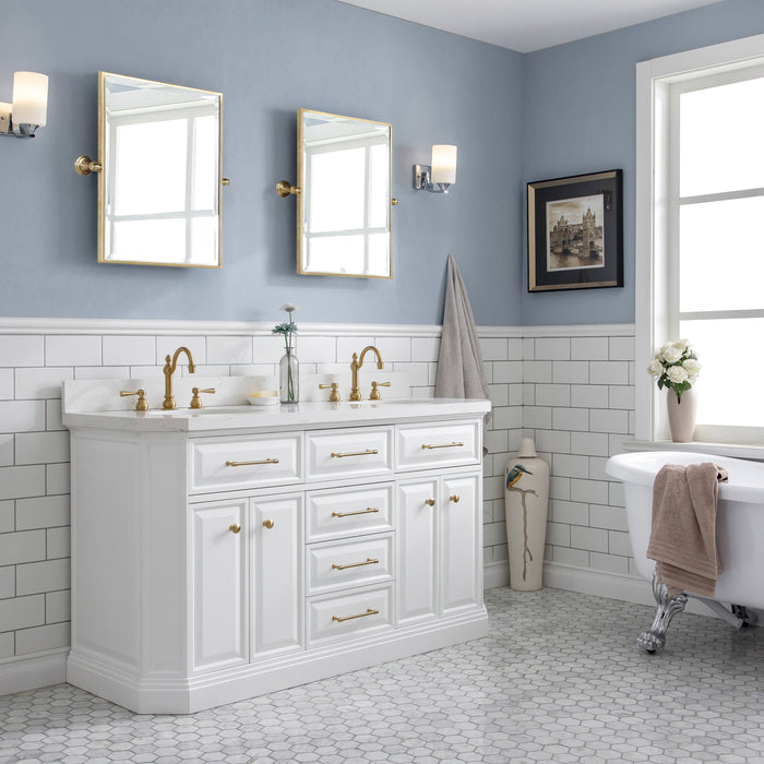 60 Inch Carlsbad Quartz White Dual Sink Bathroom Vanity – Waterfall Faucets & Satin Gold Fixtures