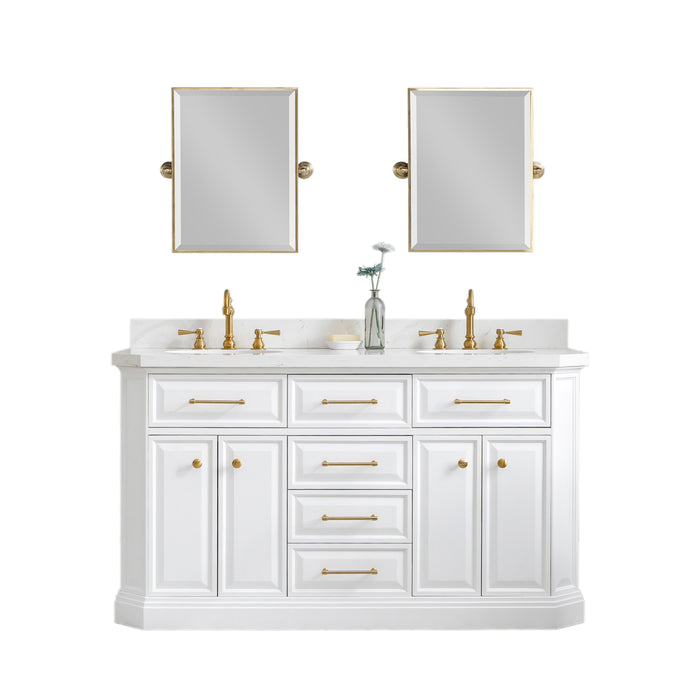60-Inch Quartz Top Brisbane Vanity – Dual Sink Cabinet in White with Hook Faucets, Gold Hardware & Matching Pivot Mirrors