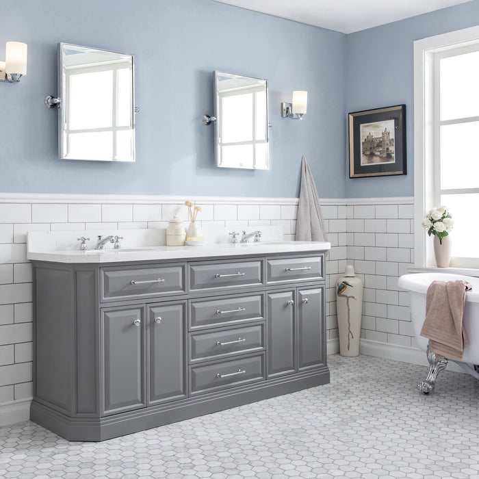 72" Beacon Quartz Double Vanity – Cashmere Grey Cabinet with Chrome Faucets & Rectangular Mirrors