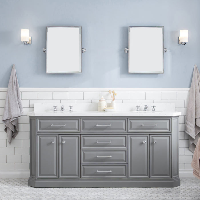 72 Inch Selena Carrara Quartz Countertop Bathroom Vanity – Dual Sinks with Chrome Fixtures & Rectangular Mirrors