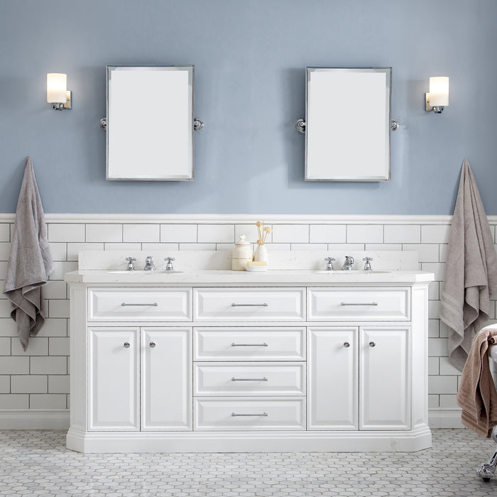 72-Inch Maverick Carrara Quartz Bath Vanity – Chrome Hardware with Classic Faucets & Pivot Mirrors