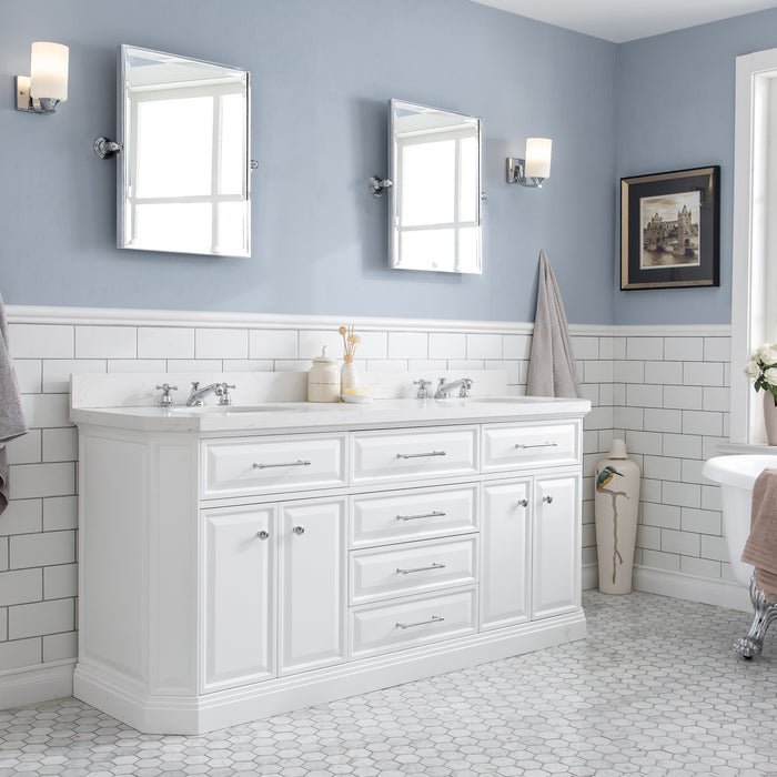 72-Inch Maverick Carrara Quartz Bath Vanity – Chrome Hardware with Classic Faucets & Pivot Mirrors