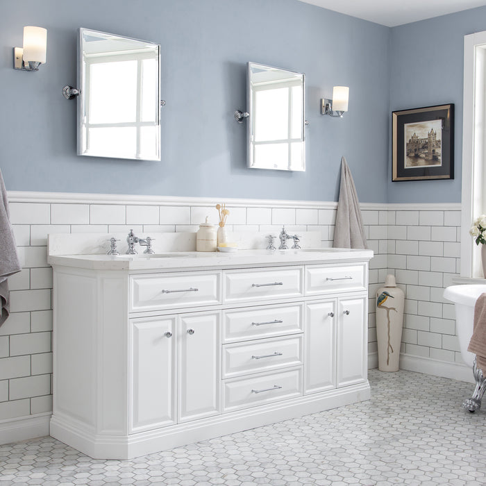 72-Inch Eudora Carrara Quartz Double Vanity – Chrome Finish with Waterfall Faucets & Pivot Mirrors